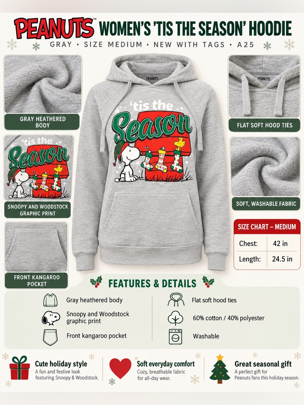 PEANUTS WOMEN’S ‘TIS THE SEASON’ HOODIE  - GRAY SIZE MEDUIM (NEW WITH TAGS) A25